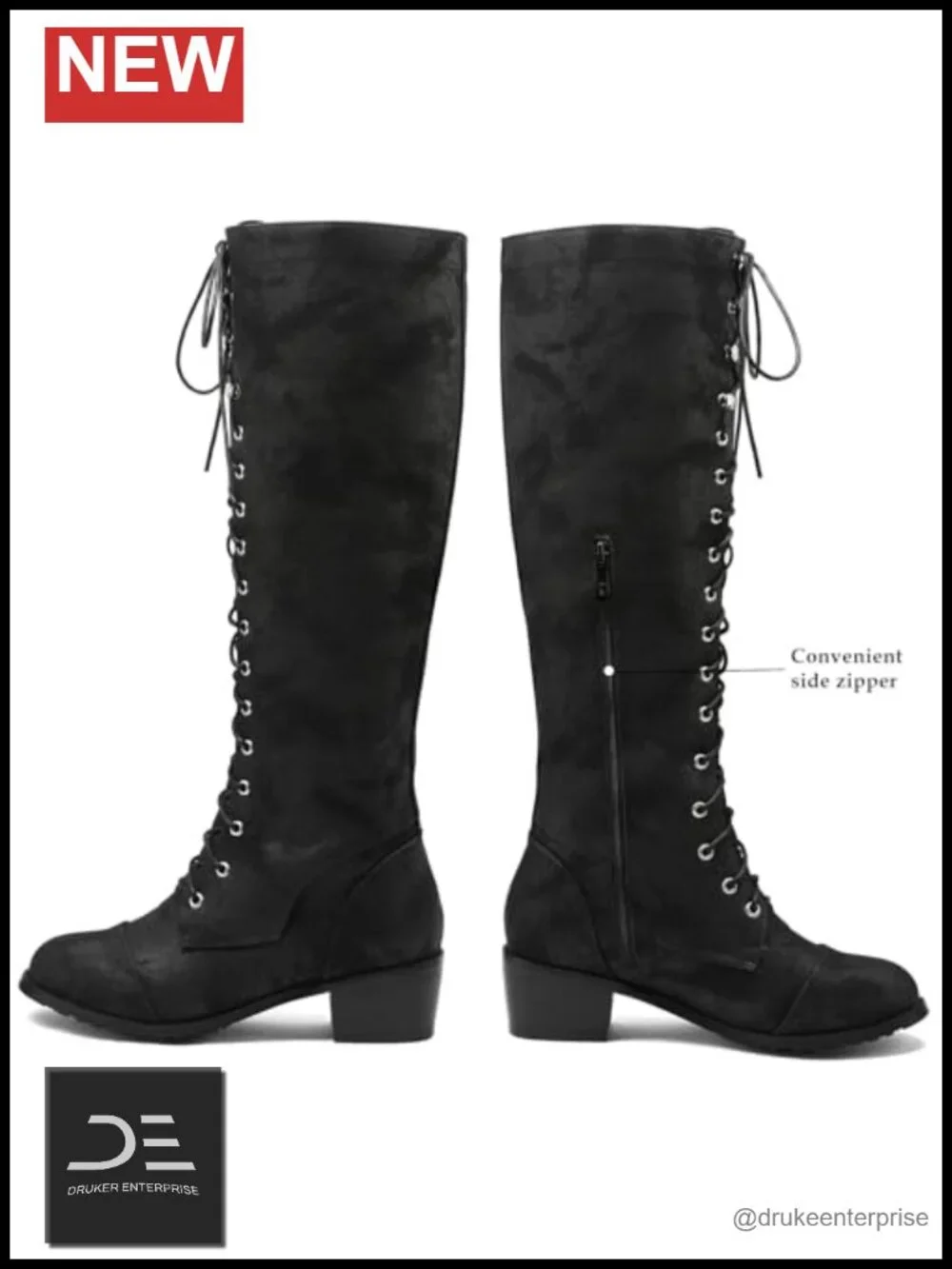 Faux Leather Over The Knee Combat Boots Chunky Heel Side Zipper Lace Up